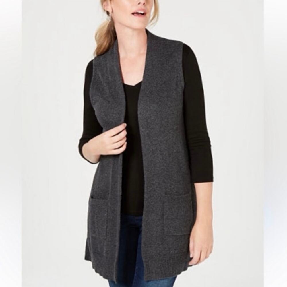 Tahari 100% Merino Wool Dark Gray Sleeveless Long Open Cardigan Vest Small